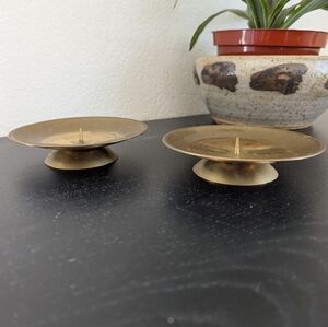 Vintage Set Of Two Brass Pillar Candlestick Candle Holders Low Pedestal Spiked